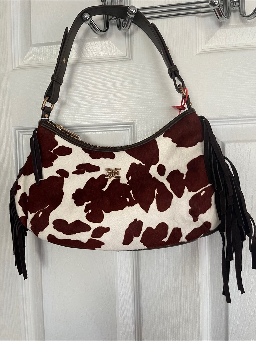 Sam Edelman Brown and White Cowhide-Print Shoulder Bag with Fringe